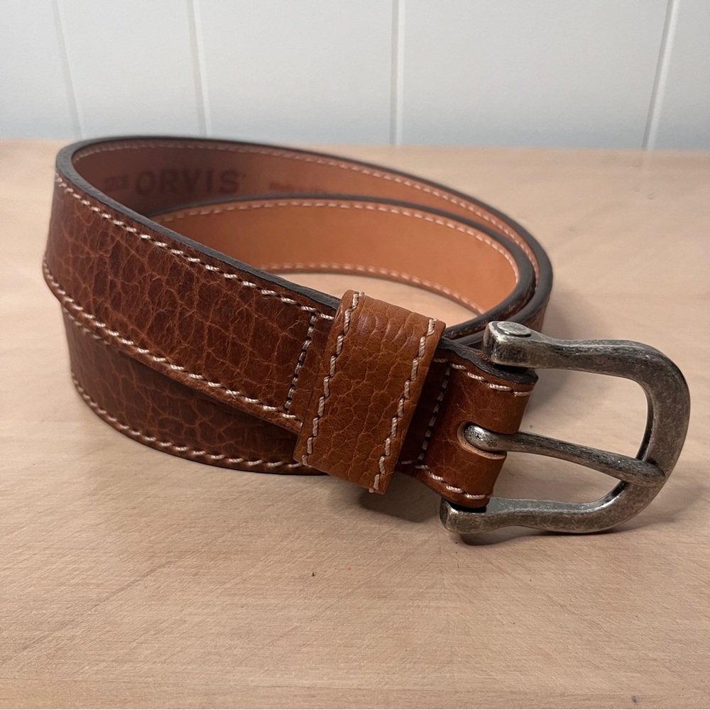 Orvis Tan Leather Belt with Silver Buckle Made in USA Men's 42